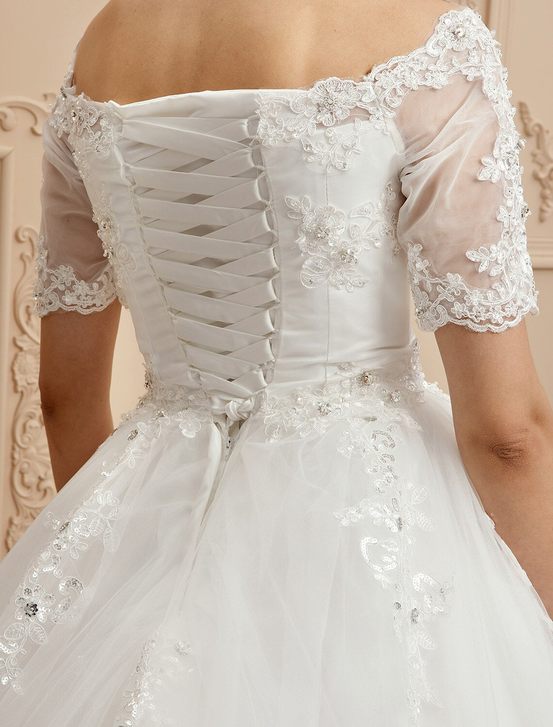 A-Line Bateau Neck Cathedral Train Lace Made-To-Measure Long Wedding Dresses with Lace