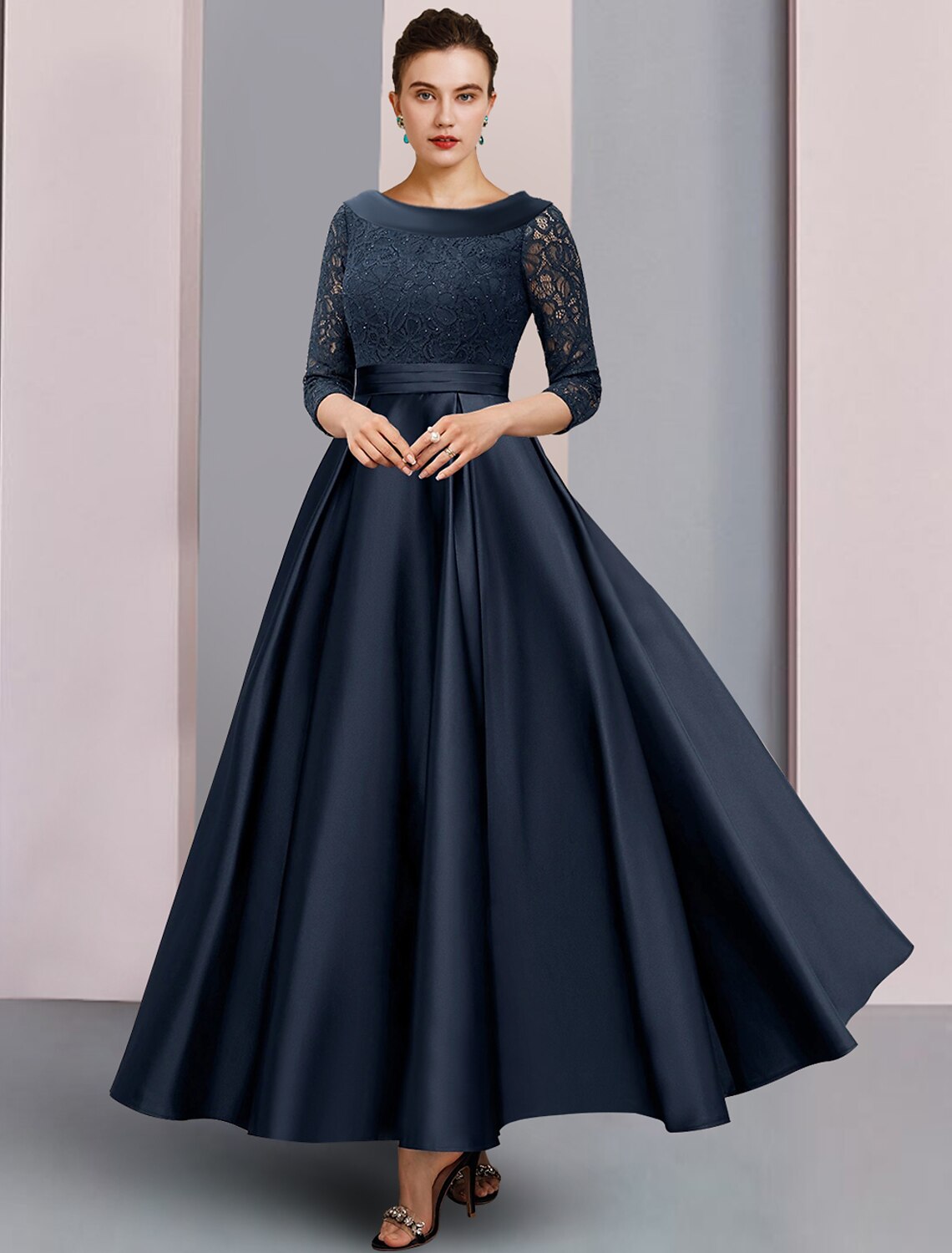 A-Line Mother of the Bride Dress Formal Wedding Guest Elegant Vintage Bateau Neck Ankle Length Satin Lace 3/4 Length Sleeve with Pleats