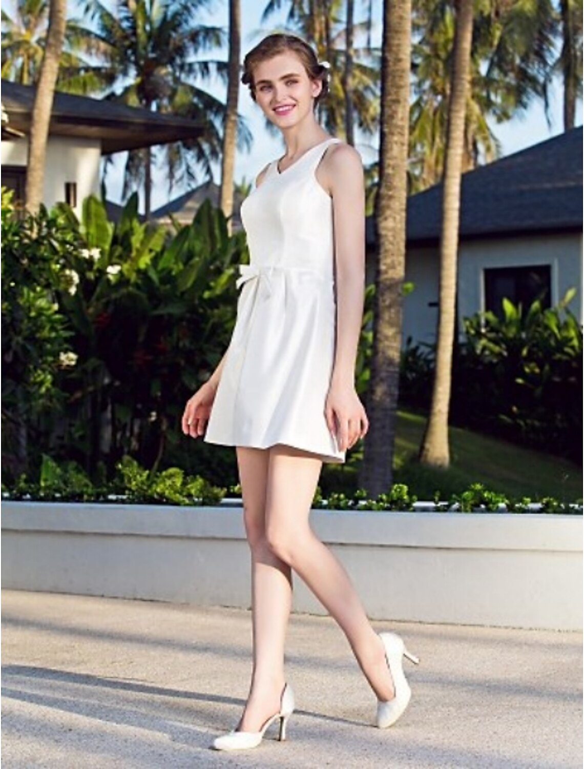 A-Line V Neck Short Nylon Taffeta Made-To-Measure Wedding Dresses with Bowknot
