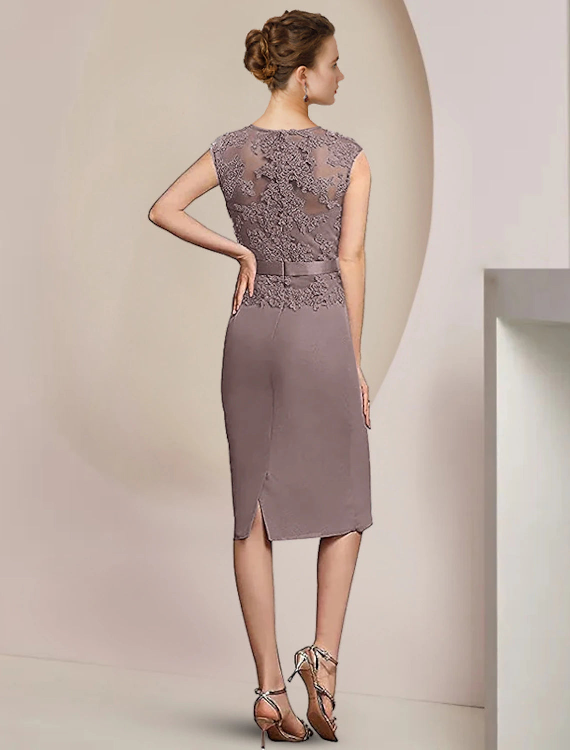 Two Piece Sheath / Column Mother of the Bride Dress Formal Wedding Guest Elegant V Neck Knee Length Chiffon Lace Sleeveless Jacket Dresses with Appliques Crystal
