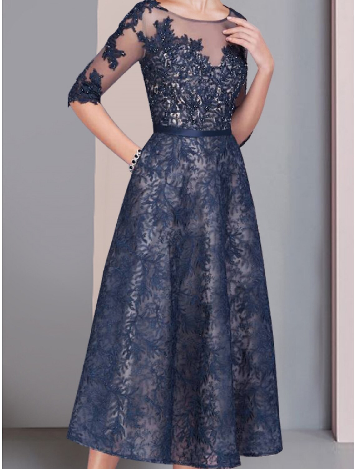 A-Line Mother of the Bride Dress Wedding Guest Elegant Scoop Neck Tea Length Lace Half Sleeve with Ruching