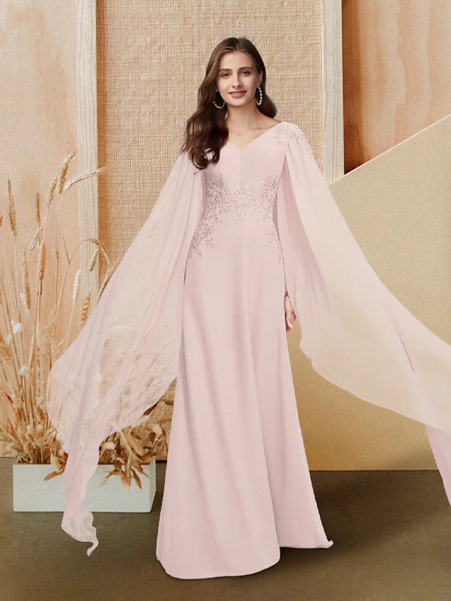 A-Line Elegant Cute Prom Formal Evening Dress V Neck Long Sleeve Floor Length Chiffon