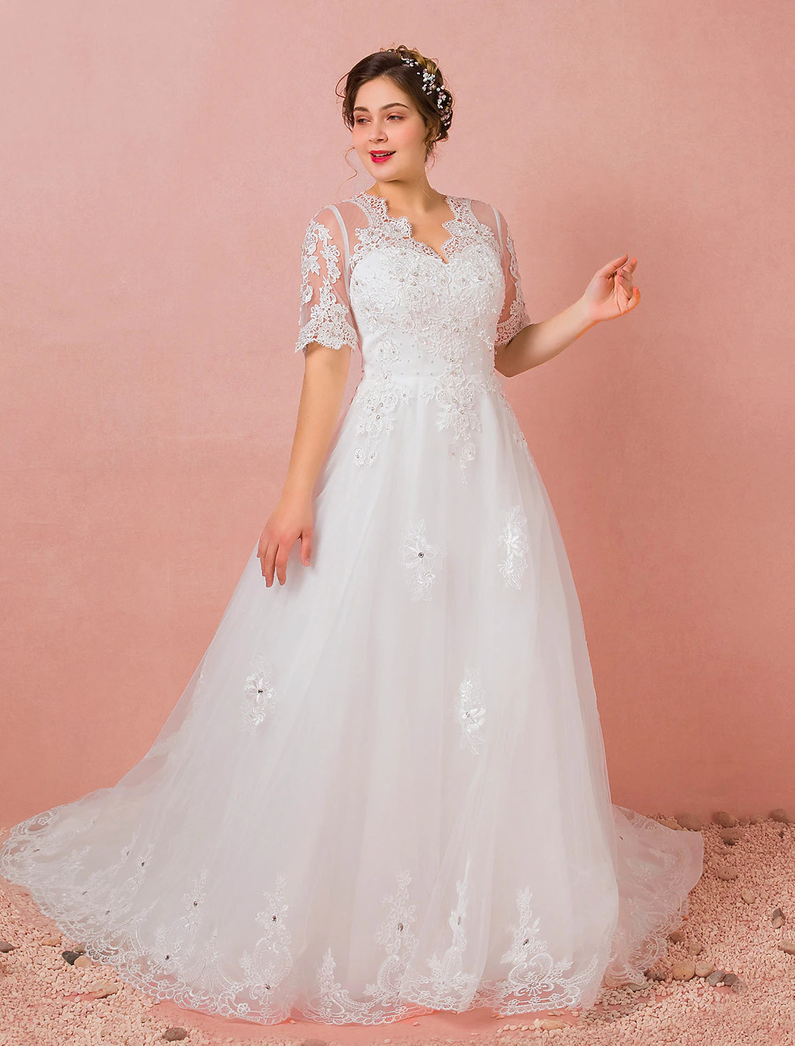 Hall Wedding Dresses A-Line V Neck Half Sleeve Cathedral Train Satin Bridal Gowns With Lace