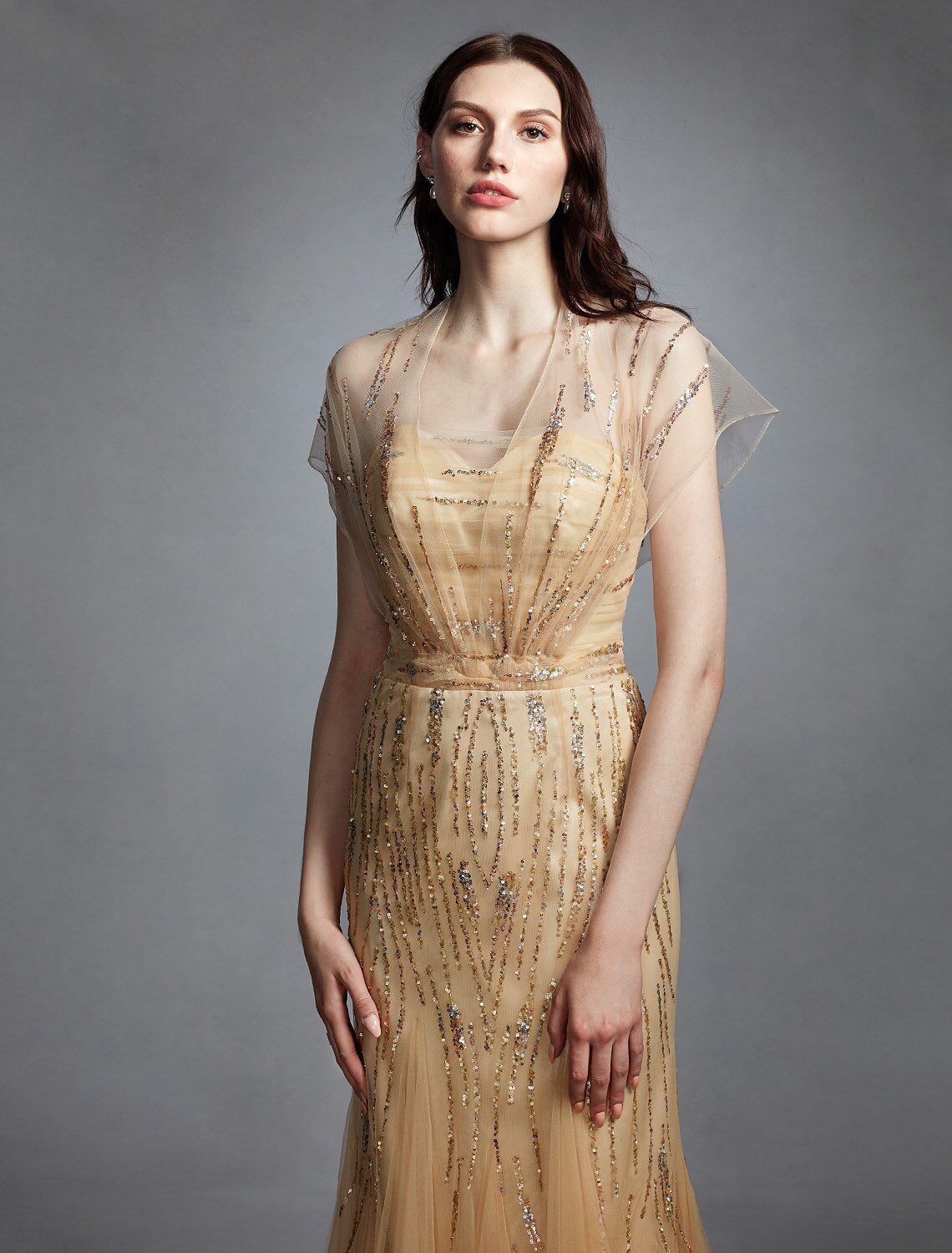 Sheath / Column V Neck Sweep Train Tulle Made-To-Measure Wedding Dresses with Sequin