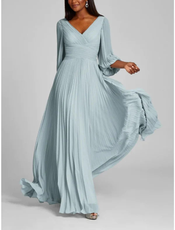 A-Line Evening Gown Elegant Dress Formal Floor Length Half Sleeve V Neck Chiffon with Pleats