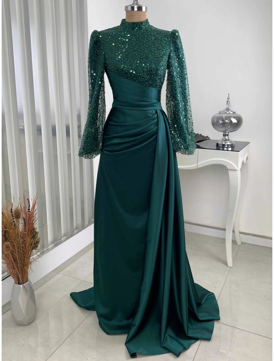 A-Line Evening Gown Champagne Christmas Elegant Dress Formal Sweep / Brush Train Long Sleeve High Neck Satin with Glitter