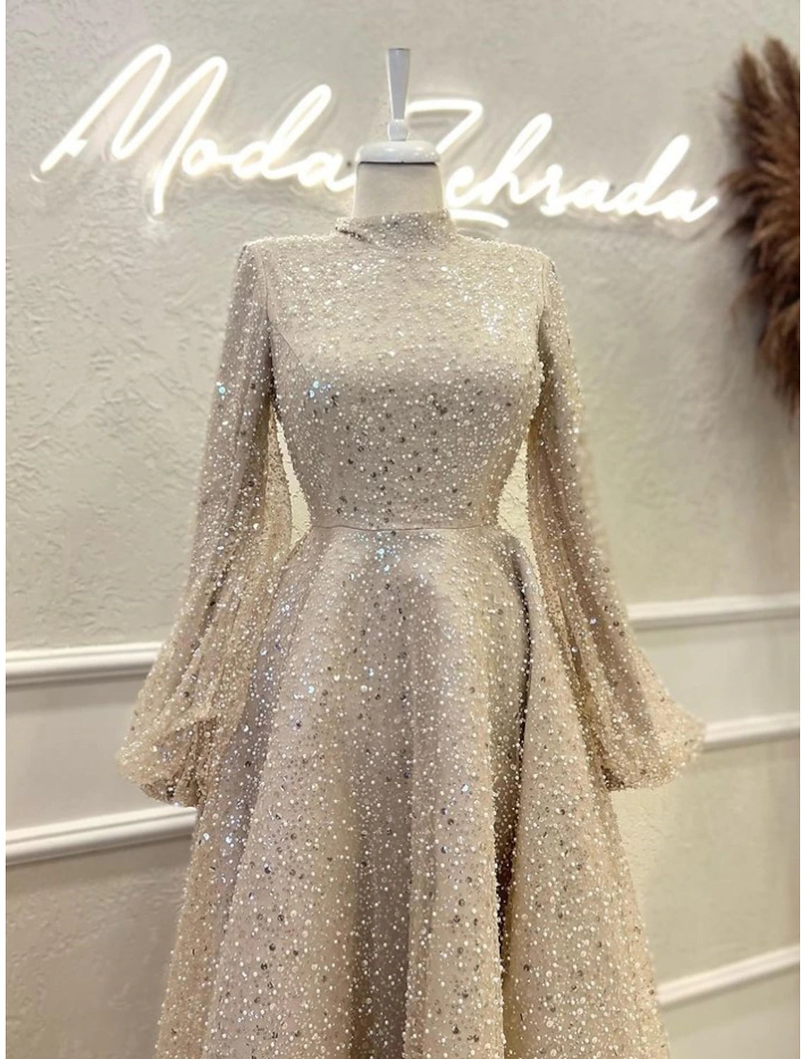 A-Line Evening Gown Elegant Dress Formal Ankle Length Long Sleeve High Neck Sequined with Glitter