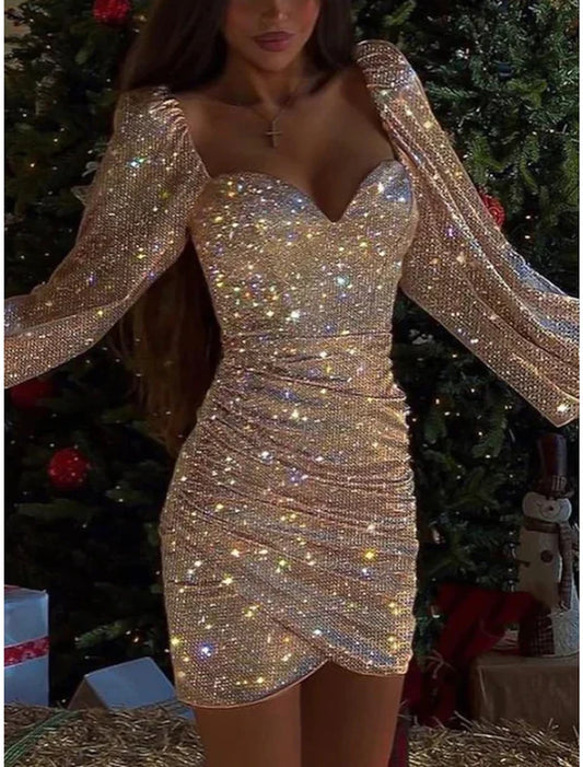 Sheath / Column Homecoming Dresses Sparkle & Shine Dress Birthday Short / Mini Long Sleeve Square Neck Sequined