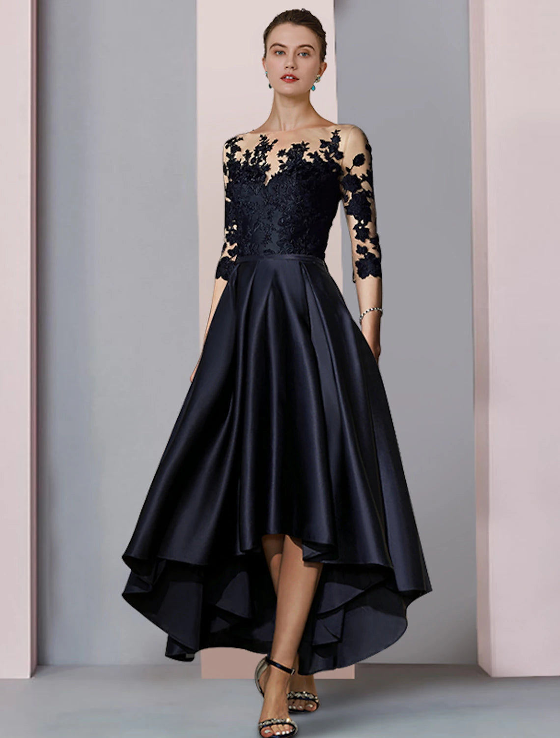 A-Line Mother of the Bride Dress Fall Wedding Guest Elegant High Low Scoop Neck Asymmetrical Tea Length Satin Lace 3/4 Length Sleeve with Pleats