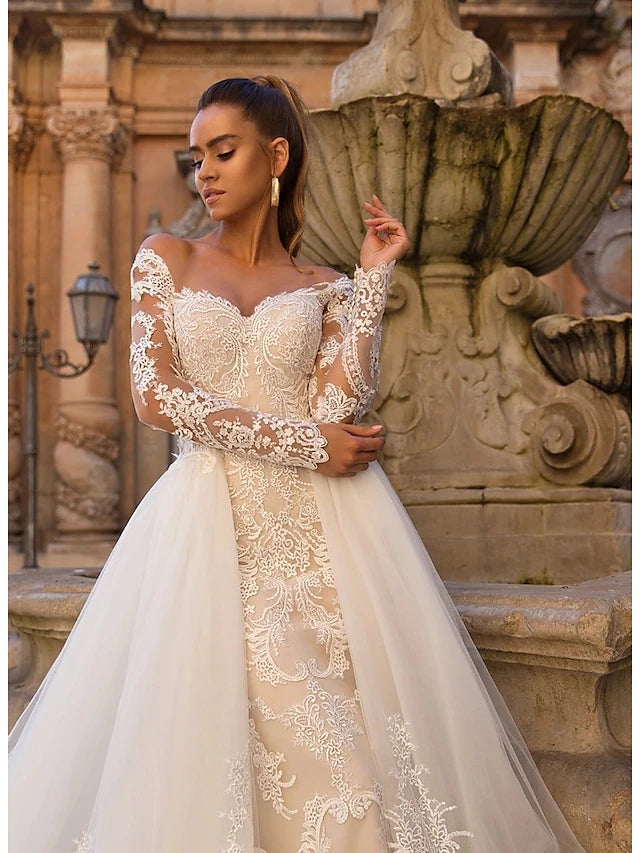 Engagement Formal Fall Wedding Dresses Mermaid / Trumpet Illusion Neck Long Sleeve Court Train Lace Bridal
