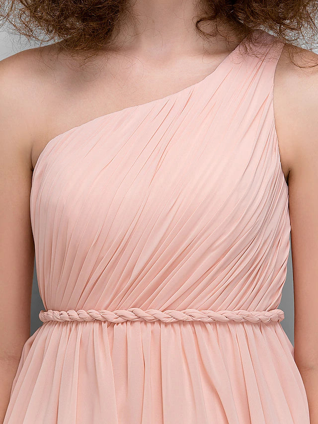 A-Line Bridesmaid Dress One Shoulder Sleeveless All Celebrity Styles Knee Length Chiffon with Side