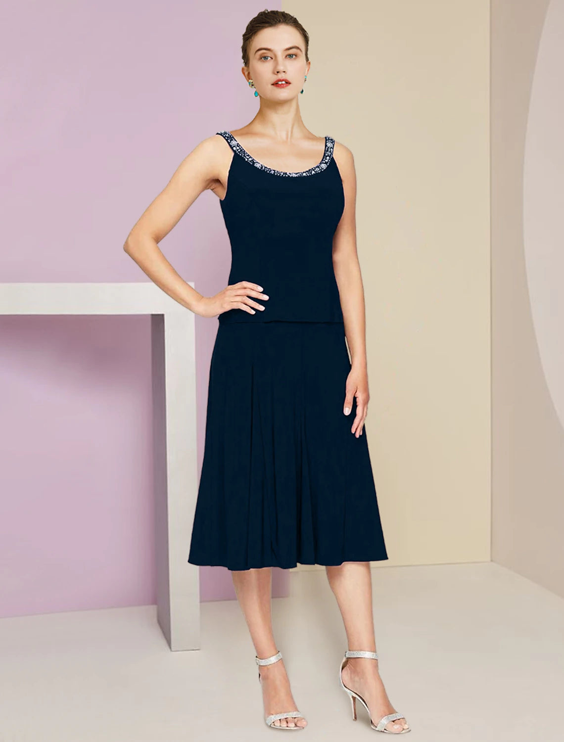 A-Line Mother of the Bride Dress Wedding Guest Elegant Petite Jewel Neck Knee Length Stretch Fabric 3/4 Length Sleeve with Pleats