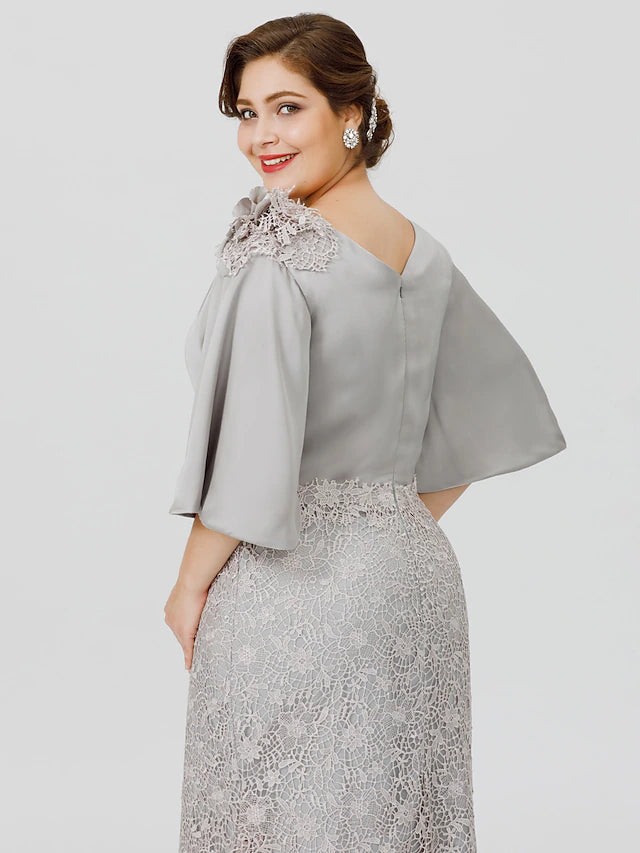 Mermaid / Trumpet Mother of the Bride Dress Plus Size Sexy Cowl Neck Sweep / Brush Train Satin Chiffon Lace Over Satin Half Sleeve