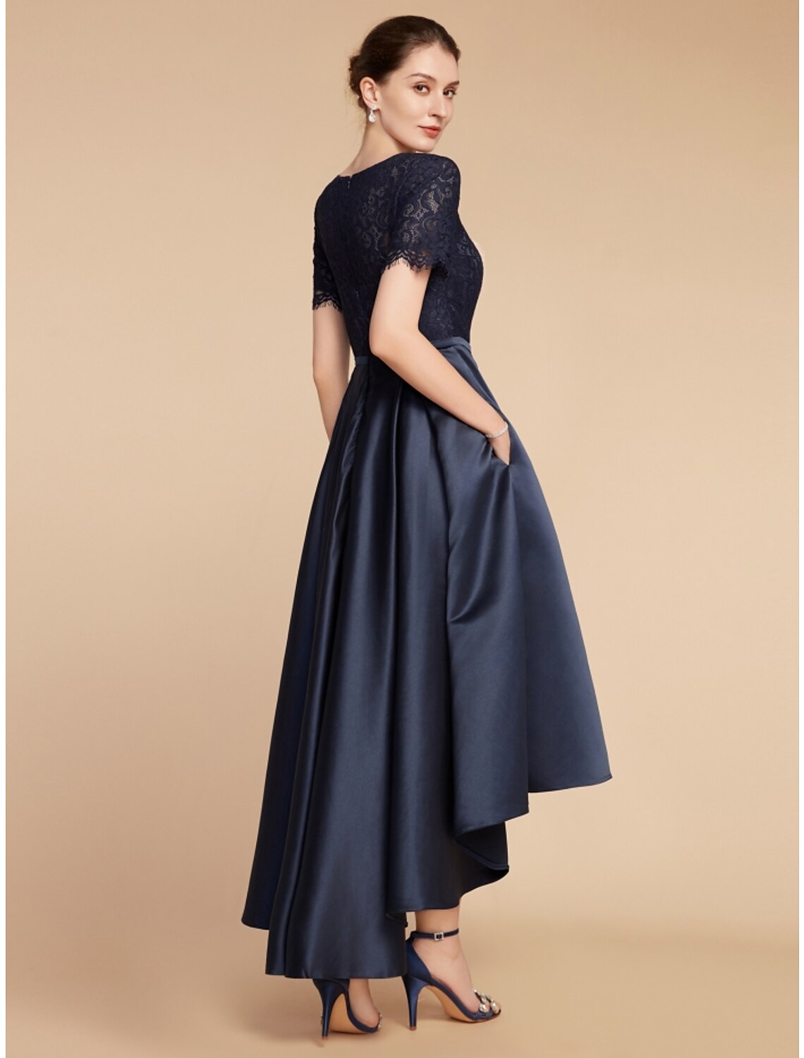 A-Line Mother of the Bride Dress Wedding Guest Elegant Jewel Neck Asymmetrical Satin Lace Short Sleeve with Ruching