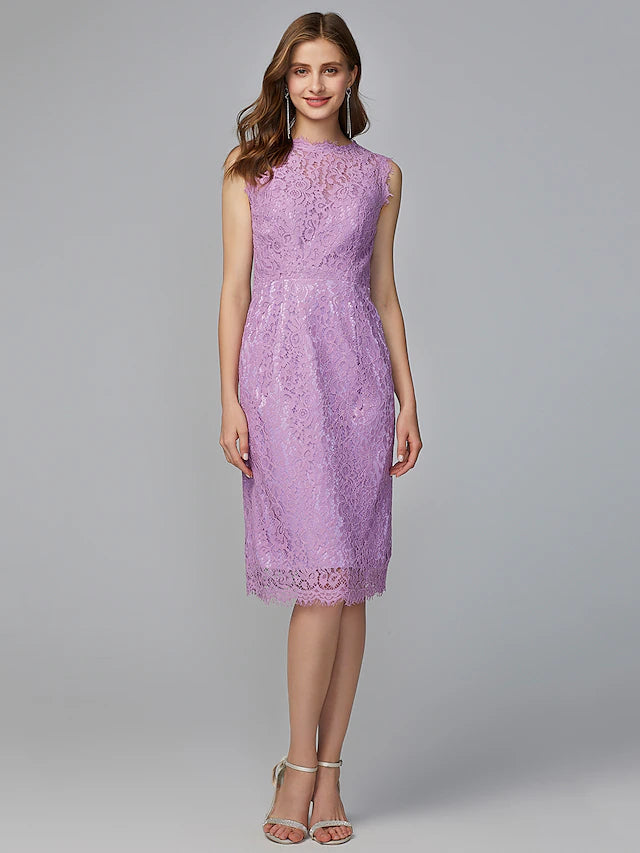 Sheath / Column Bridesmaid Dress Jewel Neck Sleeveless Elegant Midi / Knee Length Lace with Lace Pure Color