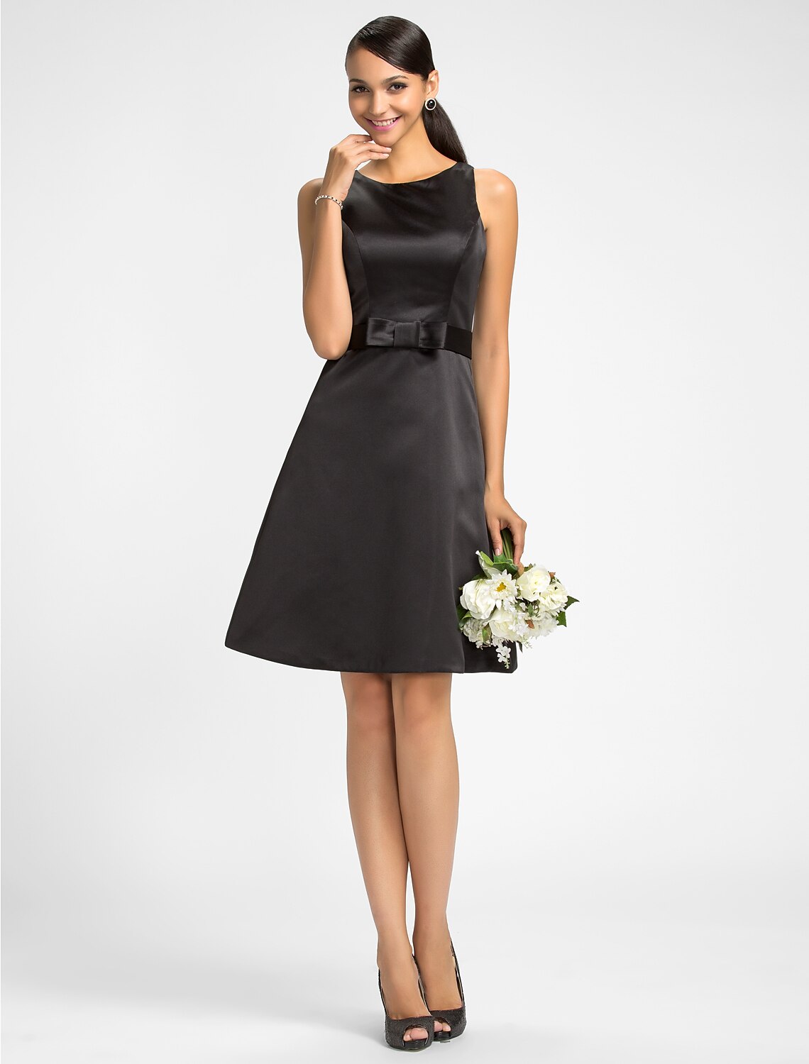 A-Line Jewel Neck Knee Length Satin Bridesmaid Dress with Bow(s) / Sash