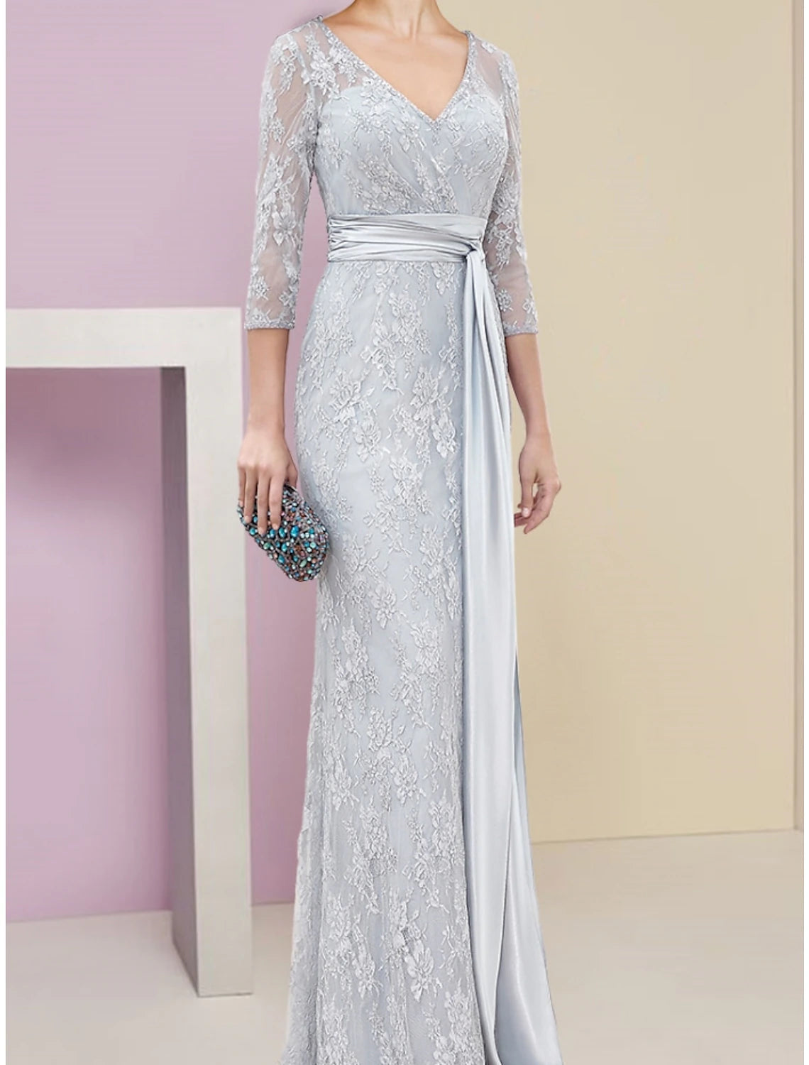 A-Line Mother of the Bride Dress Wedding Guest Elegant V Neck Floor Length Chiffon Lace 3/4 Length Sleeve with Ruching