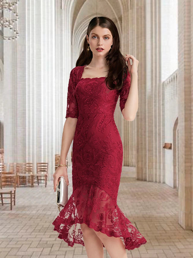 Mermaid / Trumpet Mother of the Bride Dress Vintage Elegant High Low Square Neck Asymmetrical Tea Length Lace Half Sleeve with Ruffles