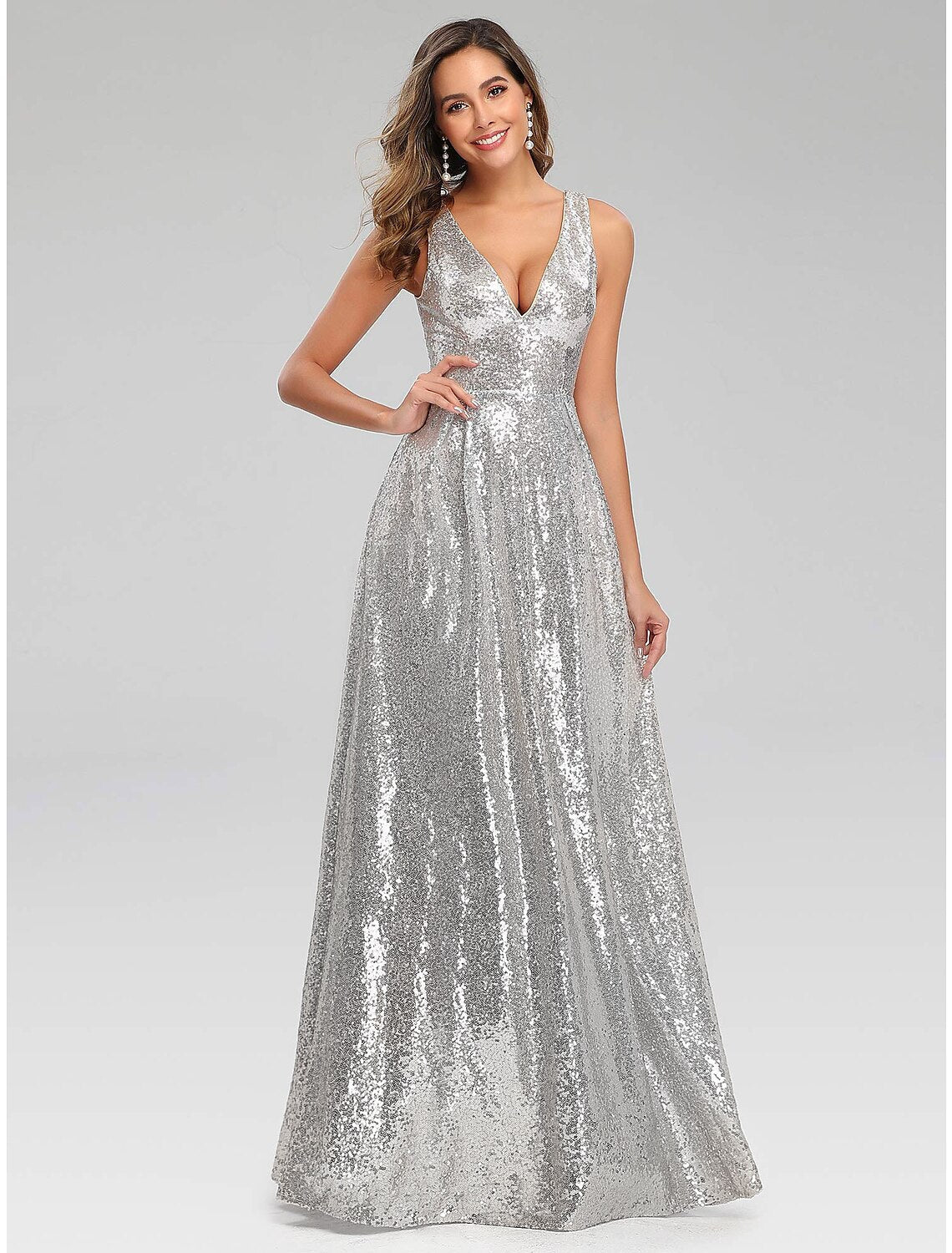 A-Line Prom Dresses Sparkle Dress Wedding Guest Engagement Floor Length Sleeveless V Neck Polyester V Back