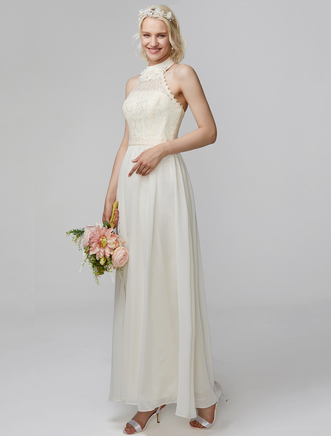 Sheath / Column High Neck Floor Length Chiffon / Lace Bodice Bridesmaid Dress with Sash / Ribbon