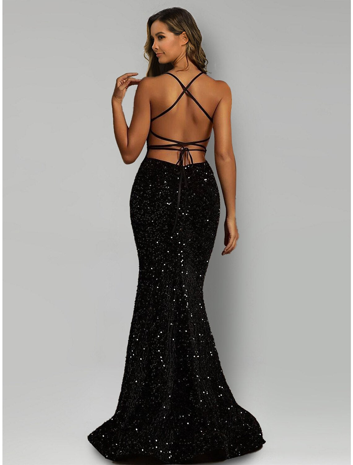 Mermaid / Trumpet Evening Gown Sparkle & Shine Dress Formal Black Tie Sweep / Brush Train Sleeveless Halter Neck Sequined