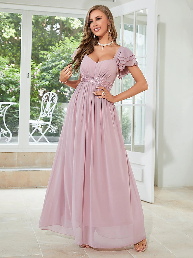 A-Line Wedding Guest Dresses Elegant Dress Party Wear Floor Length Short Sleeve Square Neck Chiffon