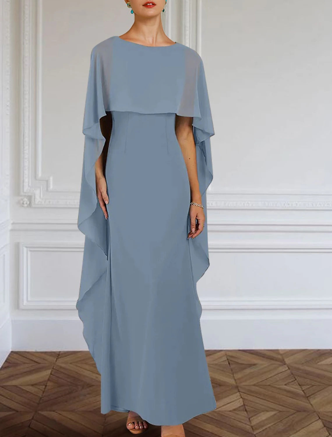 Sheath / Column Mother of the Bride Dress Formal Wedding Guest Elegant Simple Jewel Neck Floor Length Chiffon Sleeveless with Side Draping