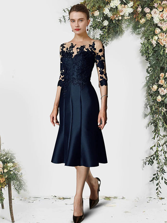 Mermaid / Trumpet Mother of the Bride Dress Elegant Jewel Neck Knee Length Satin Lace Half Sleeve