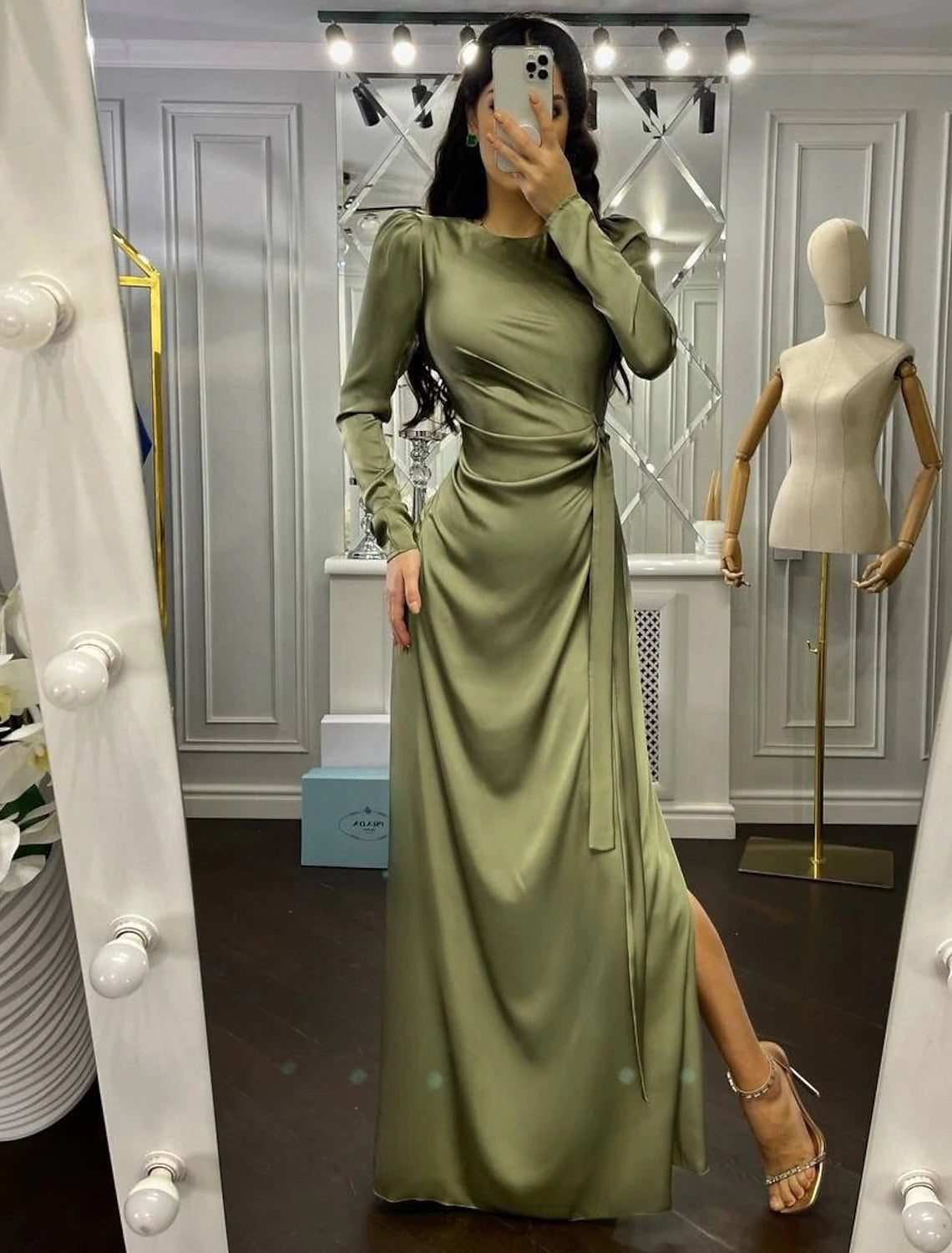 Sheath Party Dress Evening Gown Elegant Dress Wedding Guest Fall Floor Length Long Sleeve High Neck Bridesmaid Dress Satin