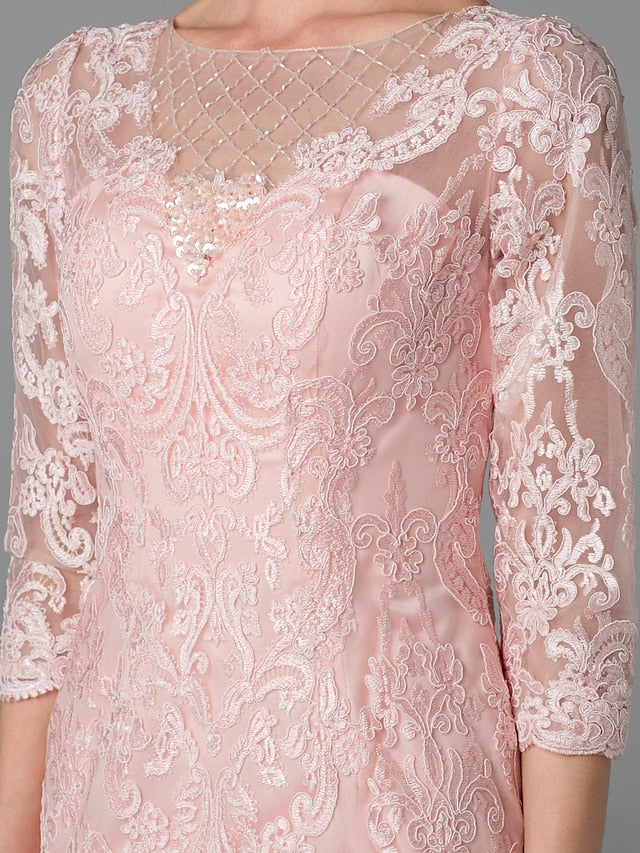 Two Piece Sheath / Column Mother of the Bride Dress Church Sparkle & Shine Jewel Neck Knee Length Chiffon Lace 3/4 Length Sleeve Jacket Dresses with Beading