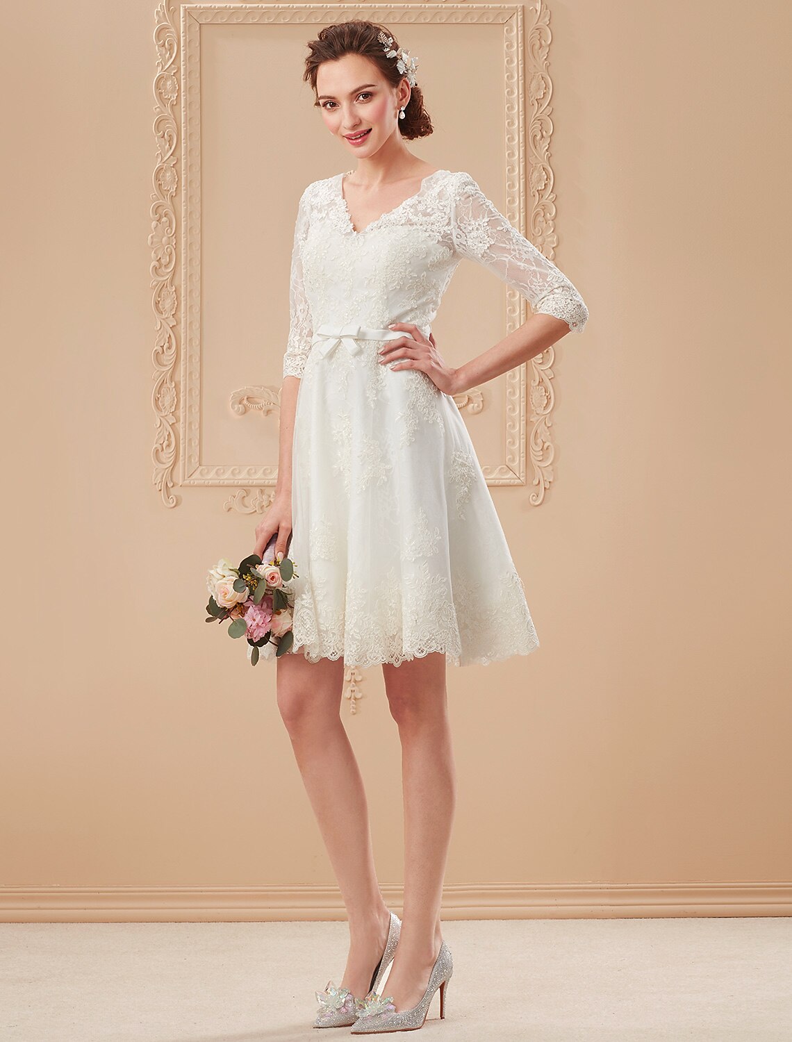 Little White Dresses Wedding Dresses Knee Length A-Line Half Sleeve V Neck Lace With Bowknot Sash