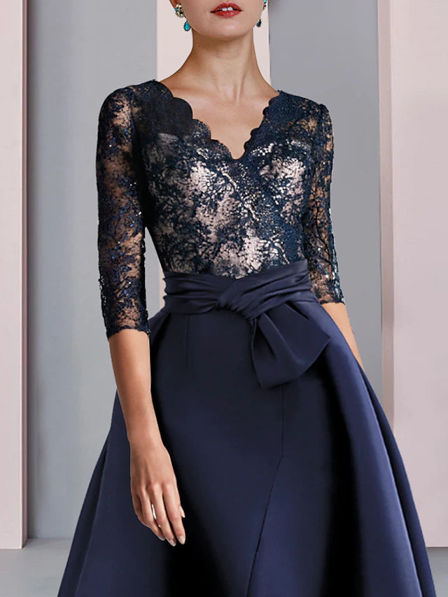 A-Line Mother of the Bride Dress Formal Party Elegant V Neck Floor Length Satin Lace Half Sleeve