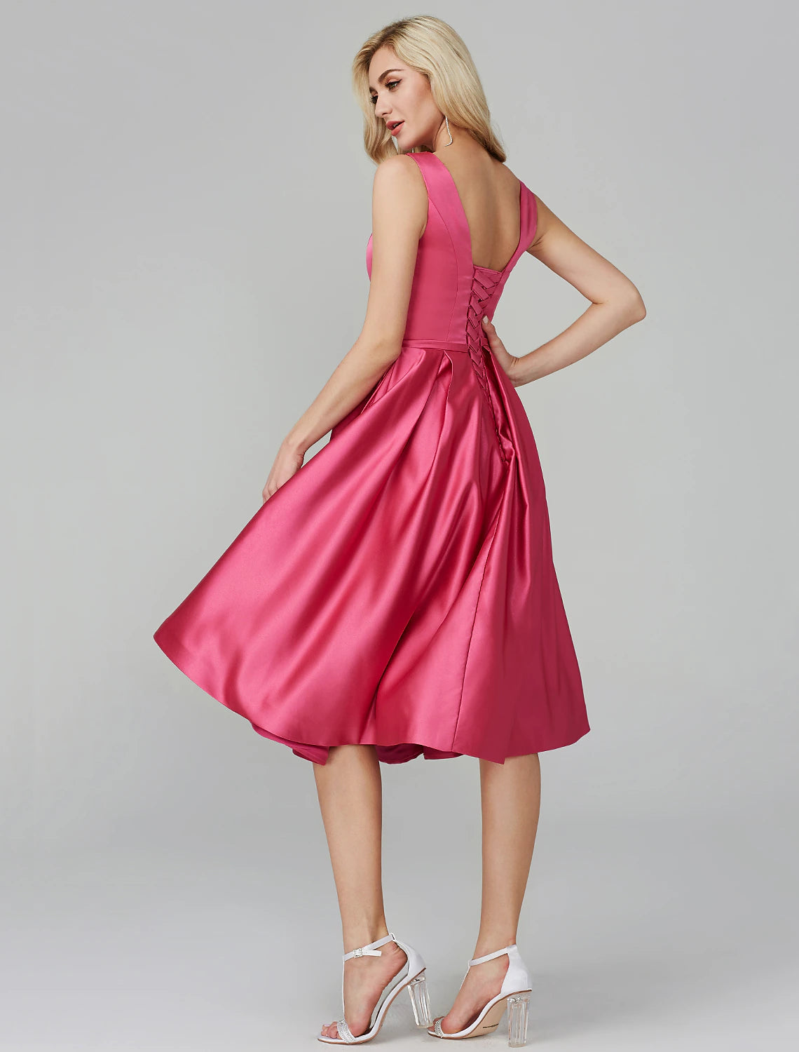 A-Line Party Dress Wedding Guest Knee Length Sleeveless V Wire Barbiecore Satin with Sash