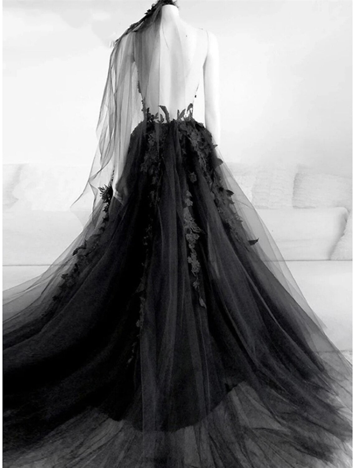A-Line Evening Gown Elegant Dress Formal Court Train Black Dress Sleeveless Illusion Neck Tulle with Pleats Slit