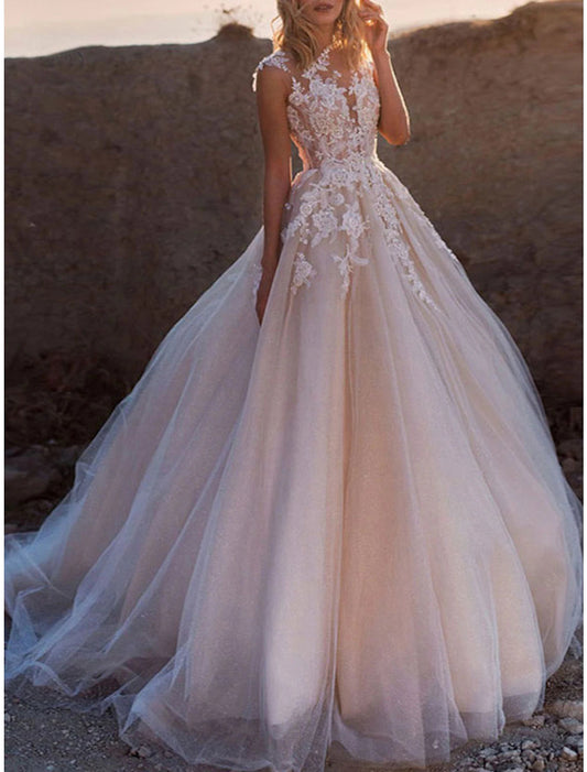 Formal Wedding Dresses Ball Gown Illusion Neck Cap Sleeve Court Train Lace Bridal Gowns With Buttons Appliques Summer Wedding Party