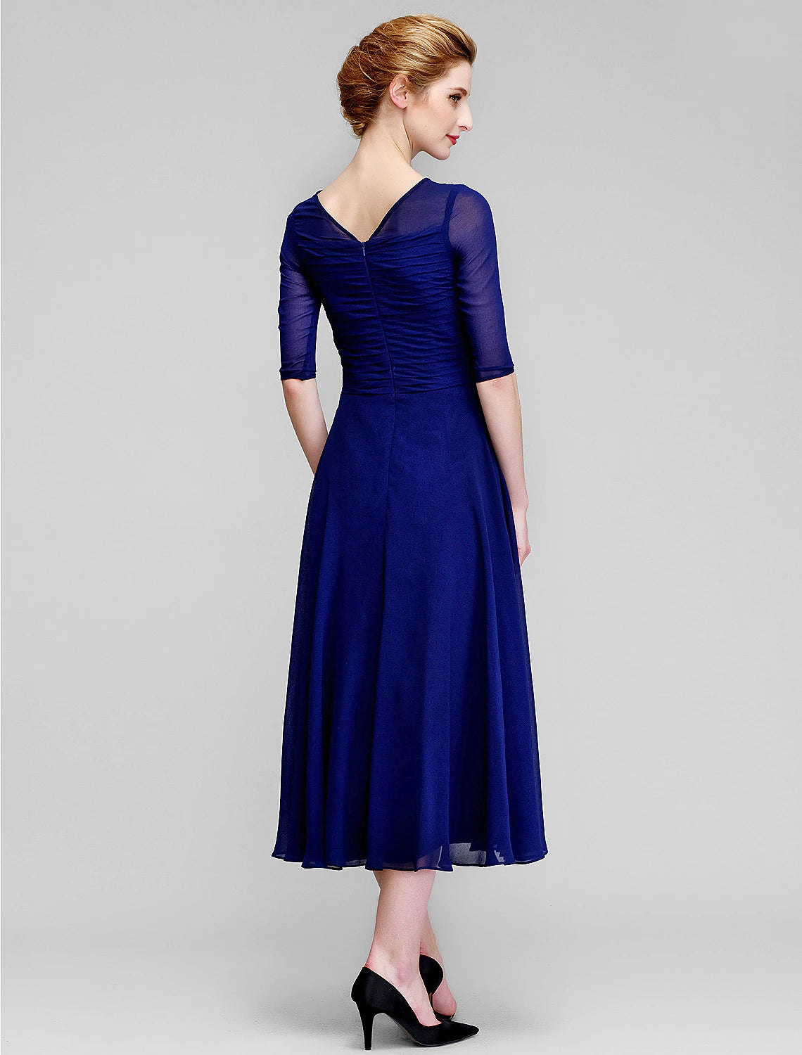 A-Line Mother of the Bride Dress Fall Wedding Guest Dresses Plus Size Elegant Bateau Neck Tea Length Chiffon Half Sleeve