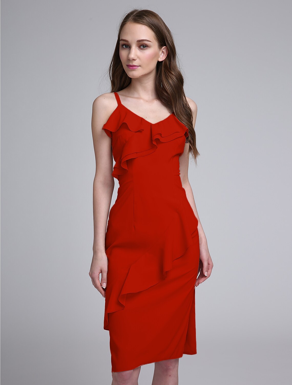 Sheath / Column Bridesmaid Dress Spaghetti Strap Sleeveless Elegant Knee Length Chiffon