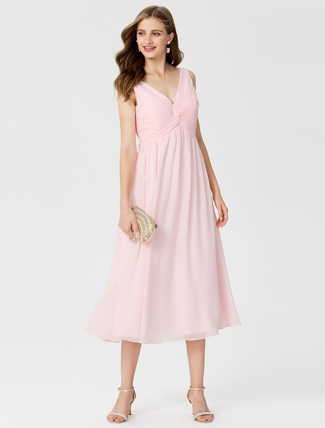 Ball Gown / A-Line V Neck Tea Length Chiffon Bridesmaid Dress with Criss Cross
