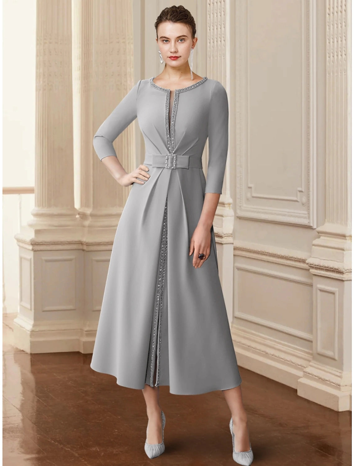 A-Line Mother of the Bride Dress Wedding Guest Elegant Scoop Neck Tea Length Stretch Chiffon 3/4 Length Sleeve with Bow(s) Sequin