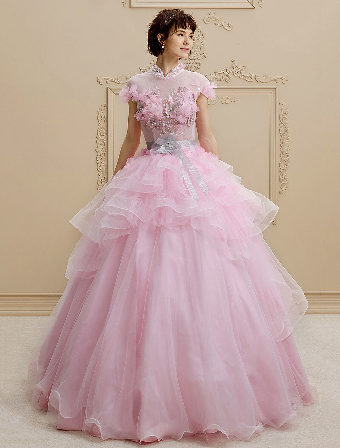 Ball Gown High Neck Floor Length Organza Tulle Wedding Dress with Crystal Beading Bow