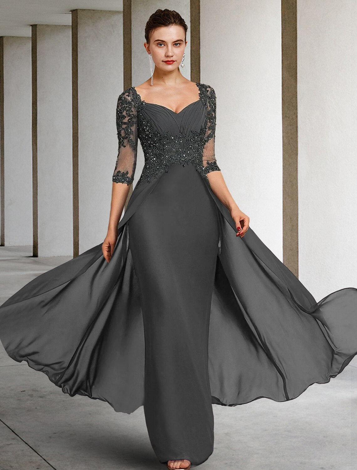 Sheath / Column Mother of the Bride Dress Formal Wedding Guest Party Elegant Square Neck Floor Length Chiffon Lace 3/4 Length Sleeve