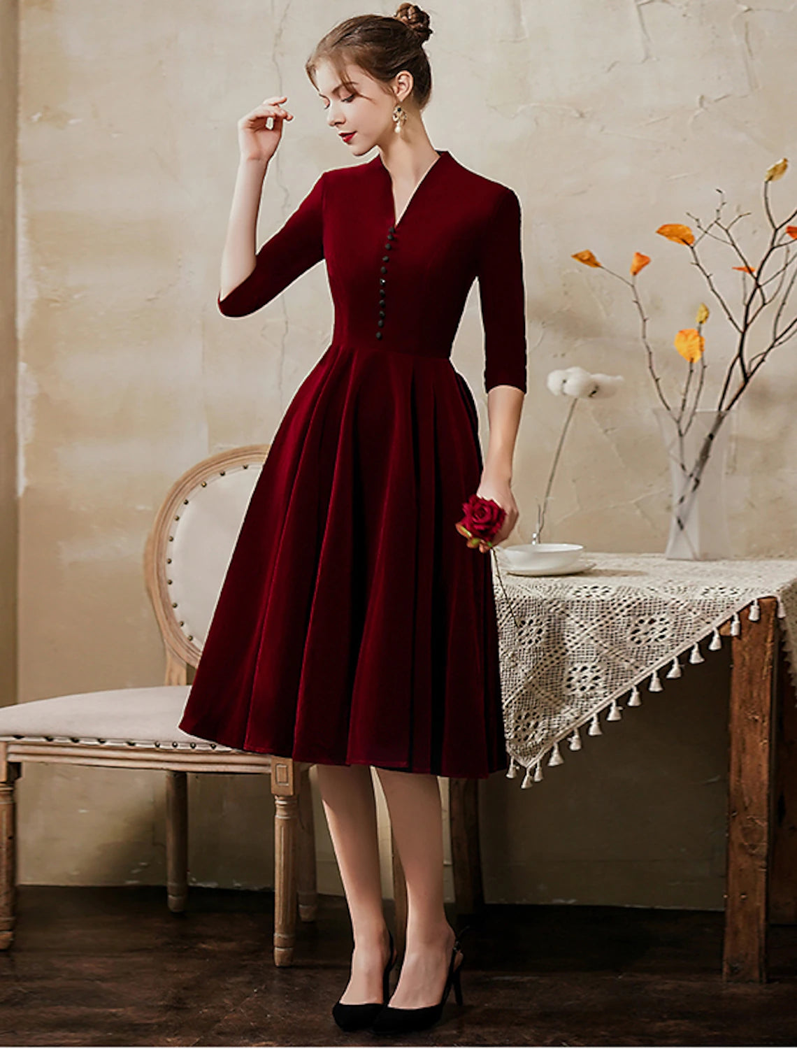 A-Line Minimalist Vintage Party Wear Cocktail Party Dress V Neck Half Sleeve Tea Length Velvet