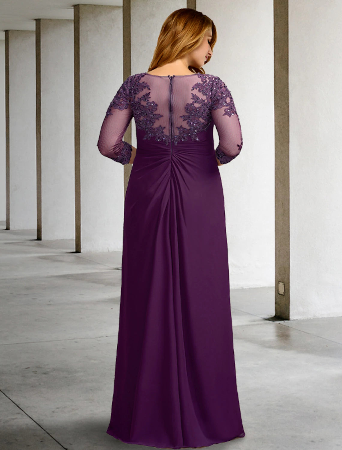 Sheath / Column Plus Size Curve Mother of the Bride Dresses Elegant Dress Formal Wedding Guest Floor Length Half Sleeve Jewel Neck Chiffon with Ruched Beading