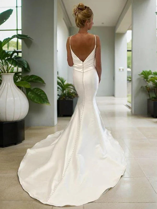 Slim fit V-neck pleated church tail satin wedding dress Sexy