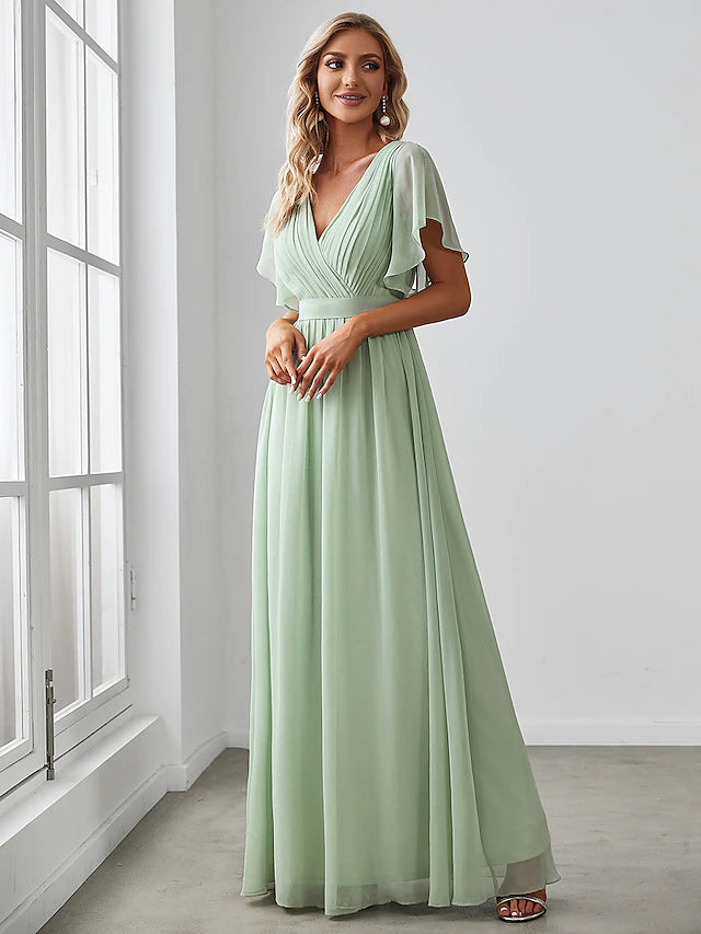 Elegant A-Line Bridesmaid Dress V Neck Short Sleeve Chiffon Wedding Guest Dress with Ruffles
