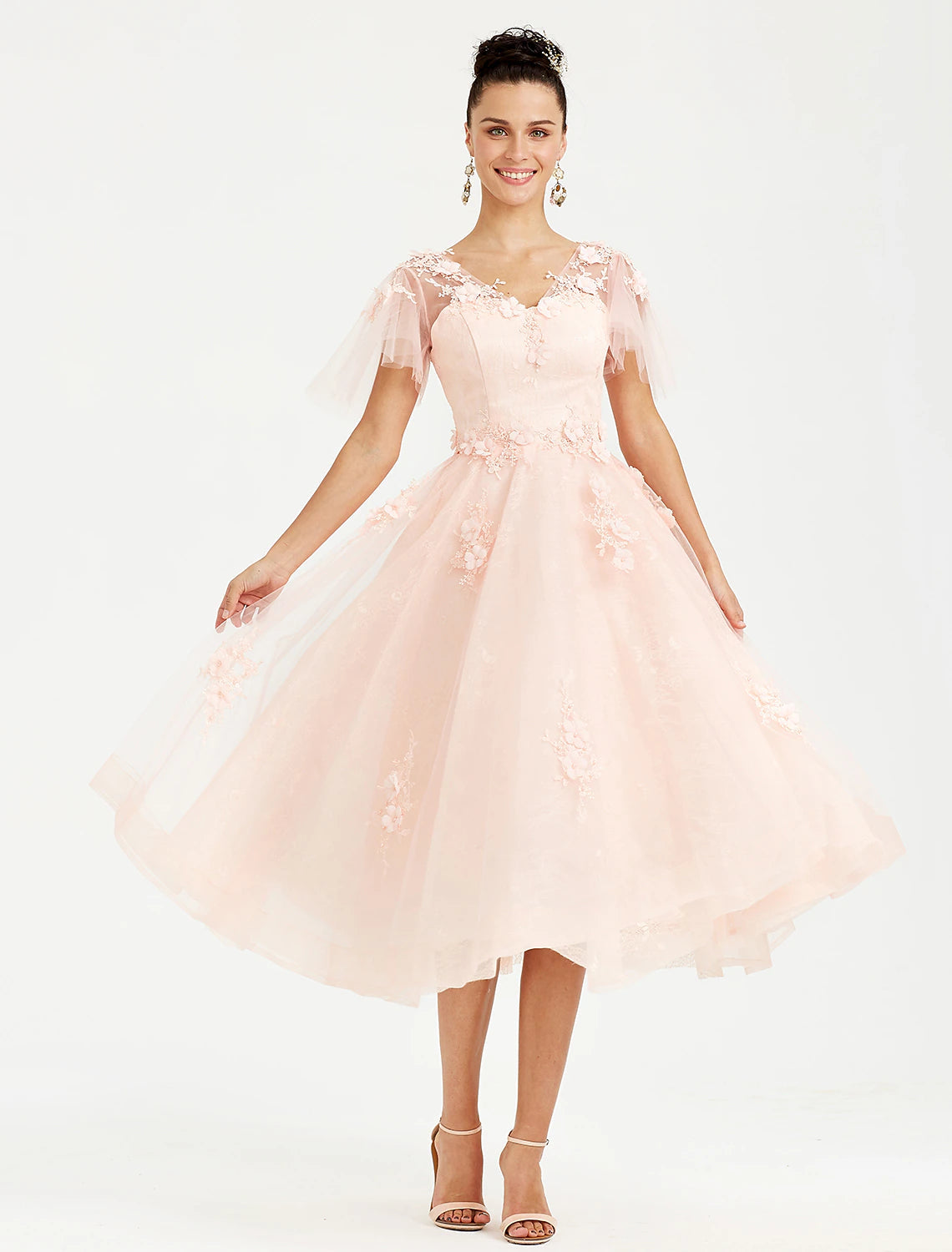 A-Line Prom Dresses Elegant Dress Wedding Guest Cocktail Party Tea Length Short Sleeve V Neck Tulle