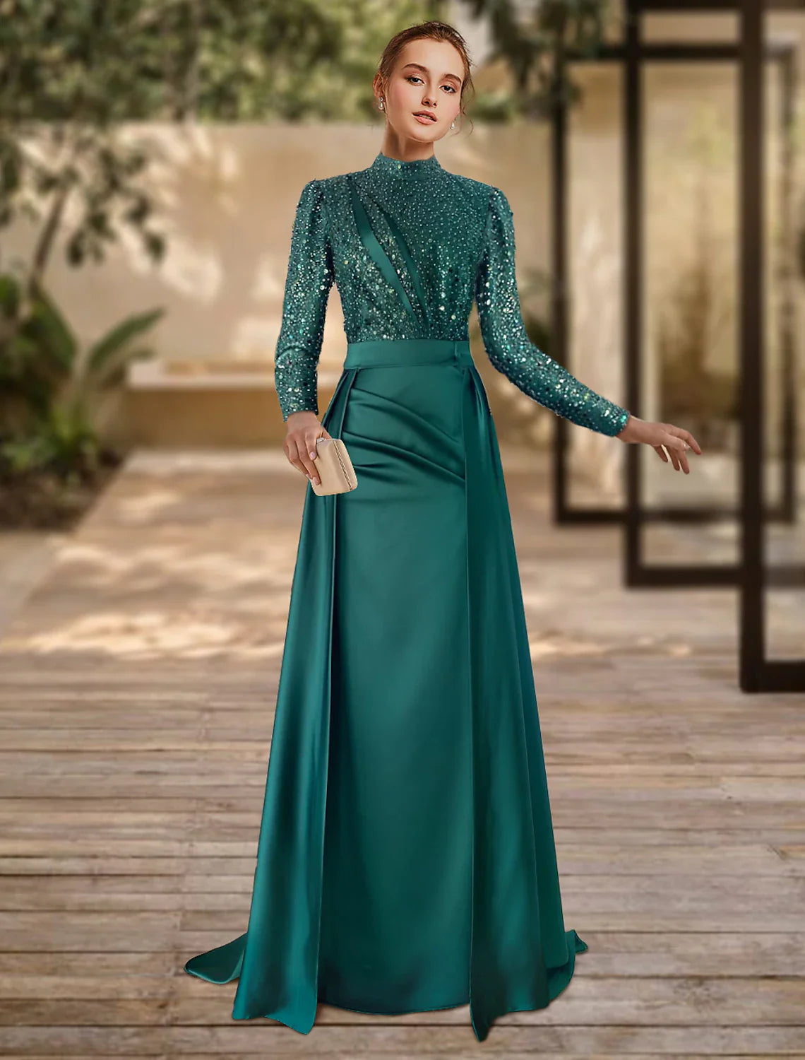Sheath Formal Dress Evening Gown Christmas Red Green Dress Formal Sweep / Brush Train Long Sleeve Jewel Neck Satin with Pleats Ruched