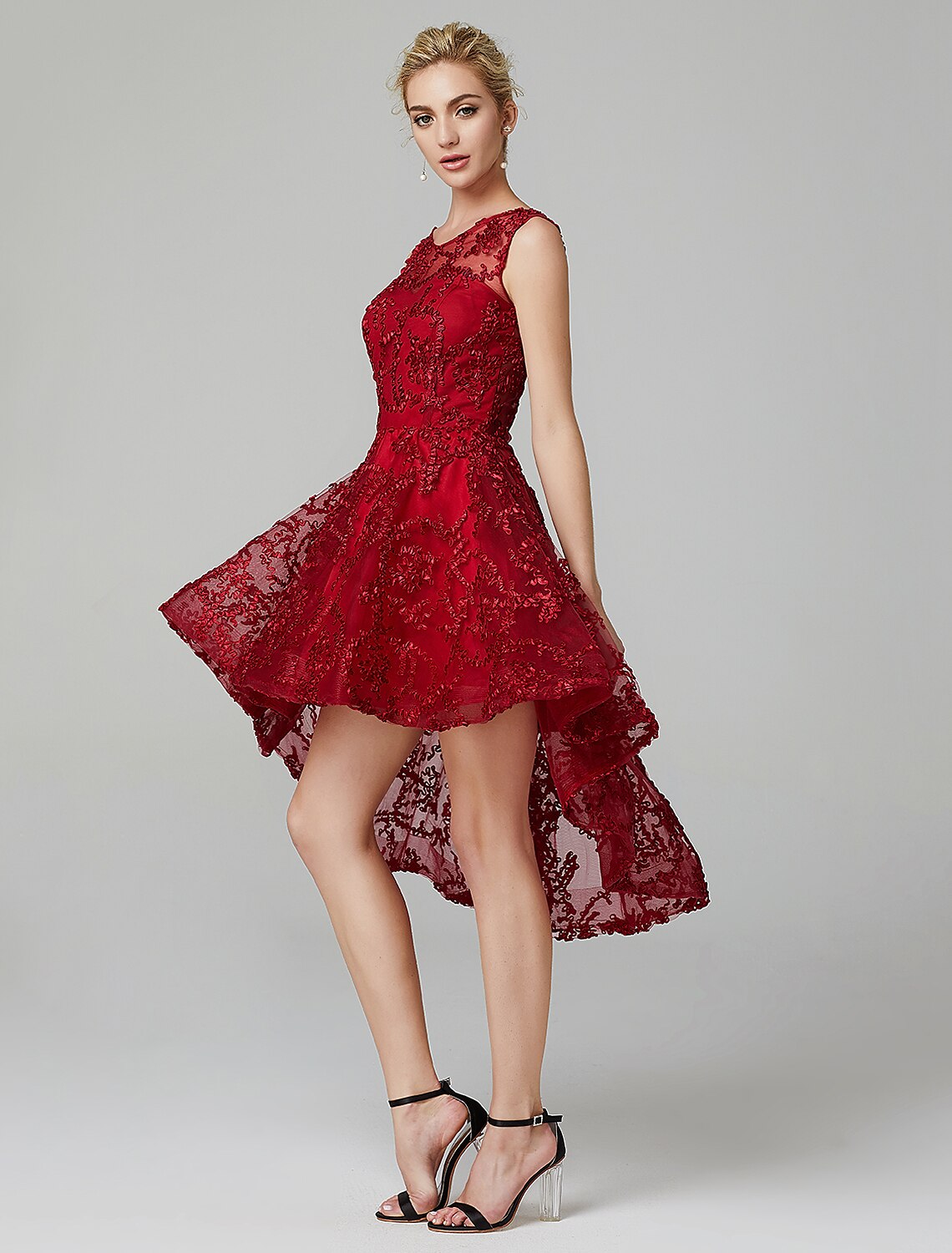 A-Line Hot Dress Wedding Guest Cocktail Party Asymmetrical Sleeveless Illusion Neck Tulle