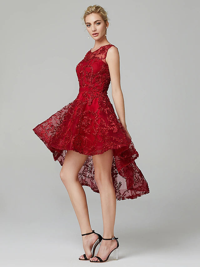 A-Line Hot Dress Wedding Guest Asymmetrical Sleeveless Illusion Neck Tulle
