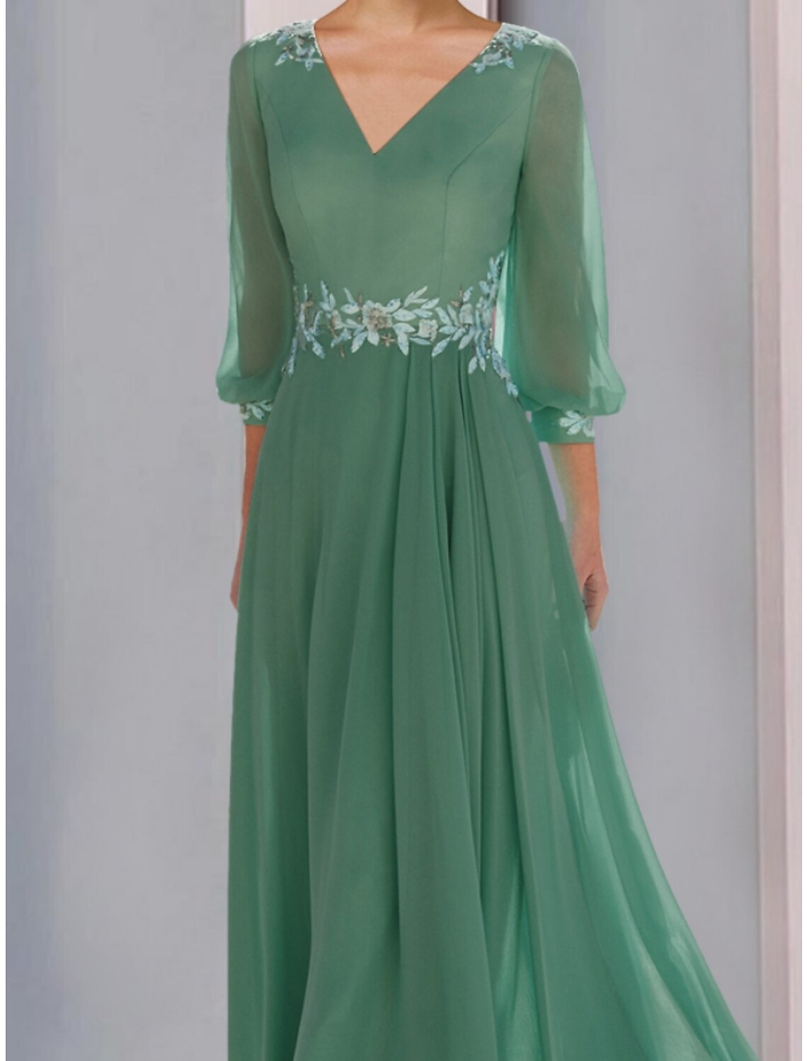 A-Line Mother of the Bride Dress Wedding Guest Elegant V Neck Ankle Length Chiffon Lace 3/4 Length Sleeve with Ruching